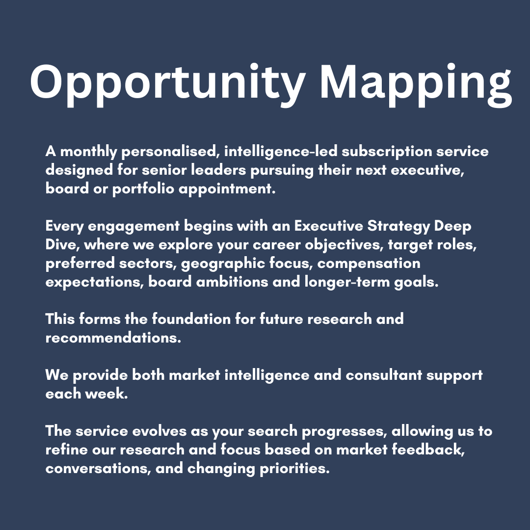 A dark slate blue square graphic with white text reading 'Opportunity Mapping' and several paragraphs describing a monthly personalized subscription service for senior leaders.